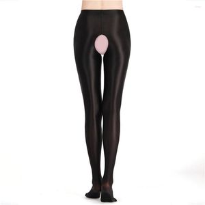 Meias femininas brilhantes sem virilha meia-calça mancha meia-calça elástica dança Lingerie óleo brilhante aberto virilha meia suavemente