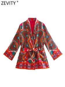 Kvinnors kostymer blazrar zevity kvinnor vintage lapptäcke tropiska lämnar tryck mjuk beröring bälte kimono blazer kappa kvinnliga chic fickor kostymer toppar ct2086 l230724