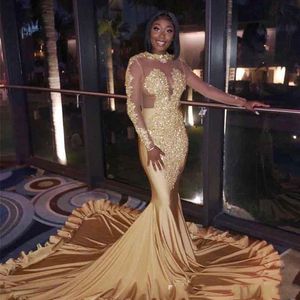 2020 Gold Champagne Mermaid Prom Dresses Vintage Long Sleeve High Neck Beads Appliques Long Vestidos Prom Evening Gowns Plus Size271l