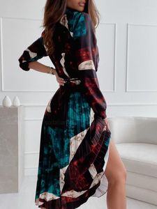 Casual Dresses Women Long Sleeve Print Chic And Elegant Pleated Dress Spring Autumn 2024 Slim Midi Shirt Y2K