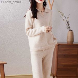 Women's Two Piece Pants Autumn and Winter High Grade Cashmere Knitting Set Women's Polo Neck Sweater Straight Men's 100% Pure Wool Sweater Two Piece Set Z230724