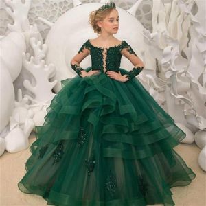 2021 Dark Green Lace Flower Girl Dresses Long Sleeves Pärled Ball Gown Sheer Neck Tulle Lilttle Kids Birthday Pageant Wedding Gow268s