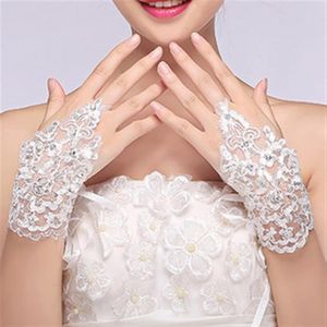 New Arrival Cheap In Stock Lace Appliques Beads Fingerless Wrist Length With Ribbon Bridal Gloves Wedding Accessories270v