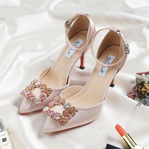 Champagne Stiletto Heel Silk Wedding Shoes For Bride Beaded Luxury Designer Heels Poined Toe Rhinestones Bridal Shoes With Buckle 268D