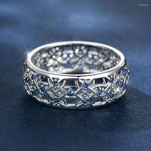 Wedding Rings Unisex Royal Blue Stone Hollow Round For Women Silver Color Vintage Zircon Bands Promise Engagement Couple Ring CZ