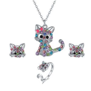 Ohrringe Halskette Nette Cartoon Katze Ring Set Spot Farbe Kätzchen Kinder Tier Schmuck Sets Drop Lieferung Dhvjn