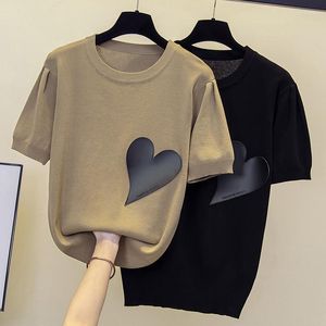 Camisetas femininas 2023 verão oversized camisa de malha manga curta pulôver suéter feminino moda coreana casual solto com decote em malha tops
