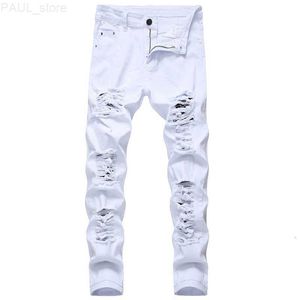 Mäns herr jeans vita mode hiphop rippade mager denim byxor smal fit stretch nödställd zip jean byxor hög kvalitet 230327 l230724