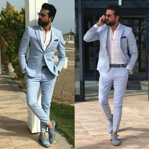 Hellhimmelblau Slim Fit Herren-Abschlussballanzüge Kerbe Revers Trauzeugen Strandhochzeit Smoking für Männer Blazer Zweiteiliger formeller Anzug Jacke215Q