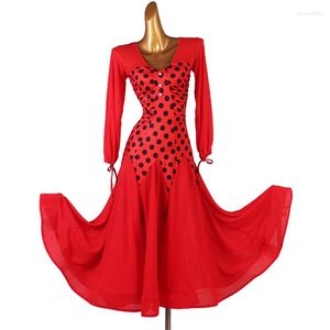 Vestuário de palco Vestidos de dança de salão modernos Vestido de bolinhas Vestido Foxtrot Feminino Saia Valsa Vermelho Preto MQ245