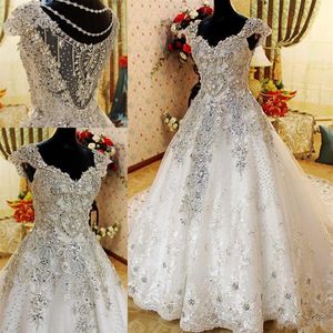 Bling Bling Heavy Beading Wedding Dresses 2018-2019 Crystals pärlor med en linje brudklänningar spets svep tåg bröllop vestidos anpassad m309t