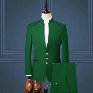 Skräddarsydda mäns kostymer 2021 grön stativ krage modedesign guldknappar brudgummen tuxedos för bröllop män festdräkter316q