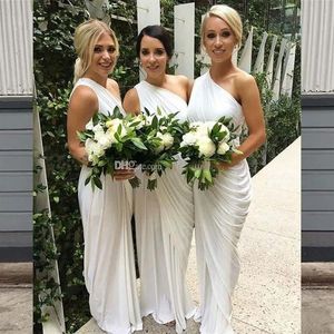 2019 Elegant White Ivory Bridesmaid Dresses One Shoulder Purple Party aftonklänningar ärmlös bröllopsgästklänningar Maid of Hon2443