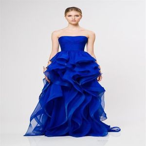 Fashion Unique Royal Blue Prom Gowns Strapless Ruffle Organza Reem Acra Long Formal Evening Dresses Empire Waist Sexy Party Dress249E