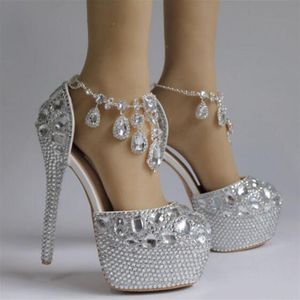 2022 Seksowne Sliver Crystal Wedding Buty ślubne Wysokie Obcasy 14 cm 5 cm Pumki Bling na wieczór na bal