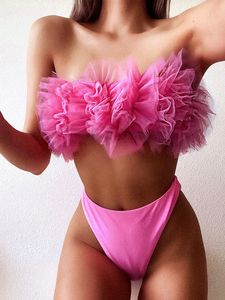 Kvinnors badkläder sexig 3D Flower Mesh Ruffled baddräkt Hög midja bikini Kvinnor Bandeau badkläder kvinnliga två stycken bikini set baddräkt 230721