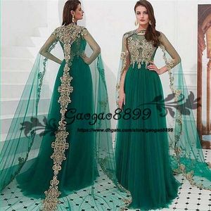 Marokańskie sukienki wieczorowe Kaftan Dubai Abaya Arabic Długie opakowanie złota koronkowa aplikacja Iluzja Tiul Jewel Neck Specjalny okazja Prom FO295W