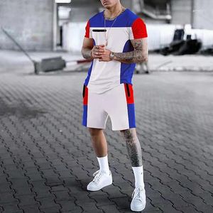 Agasalhos masculinos Roupas masculinas Camisetas Ternos Bloco colorido impresso em 3D Gola redonda Grande Ropa Manga curta Vestuário de 2 peças