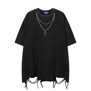 Men's T Shirts Washed Old Ripped Short Sleeve T-shirts Streetwear Summer Hip Hop Trend Cross Necklace Decoration Tees Loose O-Neck Tops