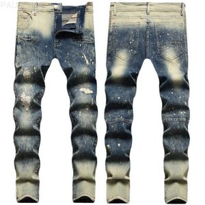 Jeans Hip Hop Patch Men Retro Dragkedja Biker Denim Men's Nostalgic Stretch Liten rak trasig rippad hål hane plus Sizemen's L230724