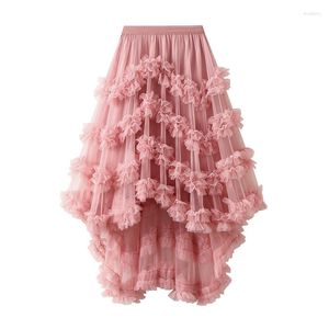 Kjolar rosa färsk söt oregelbunden ruffle veckad för kvinnor hög midja sommar lång svart fairy cake polyester kjol koreansk stil