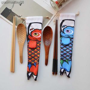 Japan Style Fish Bag Spoon Chopsticks Set Creative Adult Student Environmental Travel Portable Tableware L230704