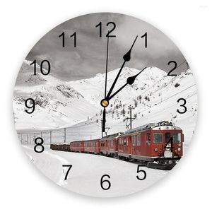 Wall Clocks Snow Mountain Red Train Living Room Clock Round Decor Home Bedroom Kitchen Decoration