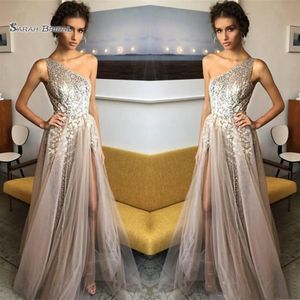 2019 One Shoulder A-Line Sequined Prom Dresses Tulle Evening Wear i S High-End Occasion Dress294T