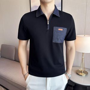 Polos Męskie Przyjścia 2023 Patchwork jeansowy kontrast Kolor Kolor Polo Polo Koszulka Waffle Krótkie T-shirt Lapel