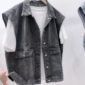 Damenwesten Blau Denim Weste Tasche 2023 Vintage Korean Big Pocket Schwarz und Jean Kpop Sleepless Cardigan Top Jacquard Mantel 2XL