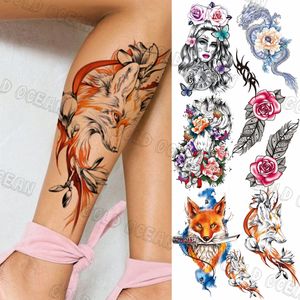 Tatuagens temporárias de raposa colorida para mulheres, adultos, realista, flor de rosa, dragão, adesivo de tatuagem falsa, sexy, perna, corpo, tatuagens à prova d'água