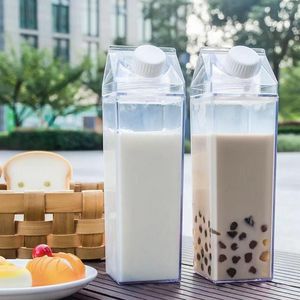 Water Bottles Milk Carton Leakproof Transparent Box Juice Cup 500ML /1000ML Sealed Lid Square Bottle For