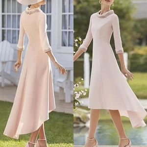 Elegant Asymmetrical Satin Mother of the Bride Dress 2022 Jewel Half Sleeve Beads Pearls Bridal Party Gown Robe De Soiree 204W