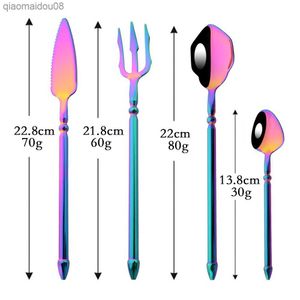 4st Rainbow 304 Rostfritt stål Western Flatware Cutlery Set Aquaman Trident Fork Steak Knife Spoon Set Dinneware Tableware Set L230704