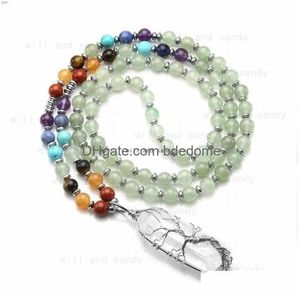 Anhänger Halsketten Yoga 7 Chakra Halbedelstein Perlen Halskette Natürlicher Strang Quarz Sechseckiges Prisma Baum des Lebens Kristall Frauen F Dhhno
