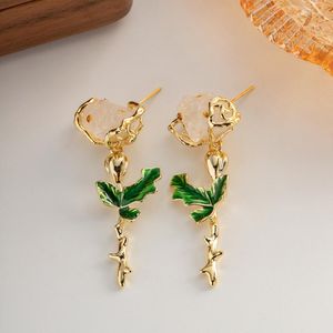 Orecchini pendenti Minar Stile cinese Smalto verde Fiore Lungo per le donne Placcatura in oro reale 18 carati Ottone Pietra naturale Orecchino Brincos