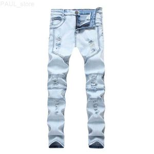 Men's Casual Fit Hommes Cowboys Trousers Fashion Wash Ripped Holes Light Blue Feet Slim Stretch Jeans Male Spliced Denim Pants L230724