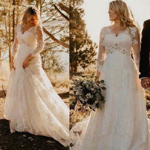 Plus Size Wedding Dresses 3 4 Long Sleeves Lace Applique Beaded Tulle 2020 Custom Made Chapel Train Scalloped Neckline Wedding Gow3264