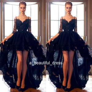 Short Front Long Back Black Lace High Low Prom Dresses with Sequins Mid Sleeves Spaghetti Straps Evening Party Formal Gowns ED12963019