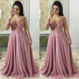 2023 Lange Ärmel Staubrosa Kleider für die Brautmutter Schmuckausschnitt Illusion Spitze Applikationen Blumen Chiffon Party Abend Hochzeit 229S