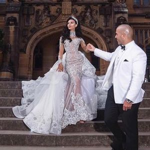 2020 Luxuriöses Brautkleid mit Strass und Kristallen, Stehkragen, Perlenapplikation, lange Ärmel, Meerjungfrau-Brautkleid, Dubai-Hochzeitskleid Ov359S