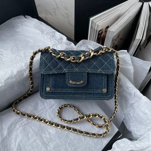 Luxuriöse Umhängetasche, Designer-Umhängetasche, hochwertige Damen-Tasche aus Diamant-Denim, Vintage-Courier-Goldkette mit Deckel, Socialite-Dinner-Channel-Taschen