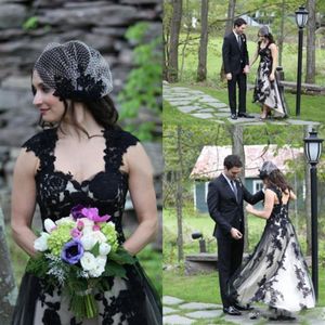 Modest Black and Ivory Gothic Wedding Dresses Short Front Long Back Tulle Sweetheart Vintage Plus Size Lace Spring Summer Bridal G250L