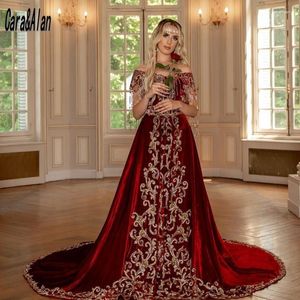 Partykleider Elegante Burgunderrote marokkanische Kaftan-Abendquastenapplikation A-Linie-Abschlussballkleider für Frauen 2023 Celebrity Wear