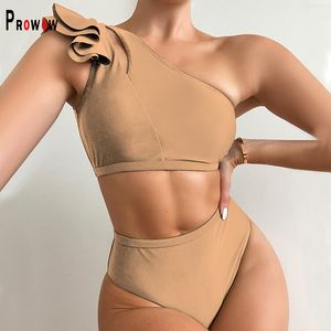 Kvinnors badkläder Prowow Kvinnor Simning Wear Ruffle One Shoulder Push Up Bikinis High Wasited Two Piece Bathing Duits Summer Beachwear Baddräkter 230724