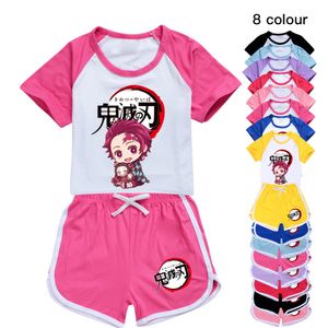 衣類セットデーモンスレイヤーベビーガール服ポリエステルトップ10代の子供TシャツショーツスポーツスーツTEESリトルチルドレンホームセット230721