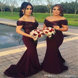 Bourgogne Off the Shoulder Bridesmaid Dresses Long Mermaid Sparkling Top Sequin Wedding Gästklänningar Plus Size Maid of Honor Gowns295Z