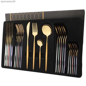24pcs/zestaw Zestaw stali stalowej ze stali nierdzewnej Mix Gold Cutlery Set Set Dinner Nóż Fork Cafy Spoon Stołówka kuchenna