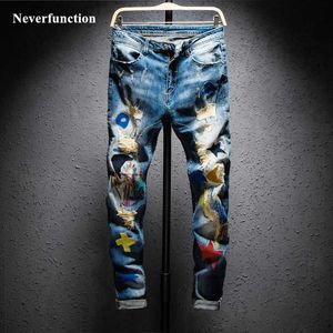 Men's Jeans Men Streetwear Hiphop Ripped embroidery Slim fit jeans Knee Holes Destroyed Man Casual Cotton joggers bar denim pants L230724