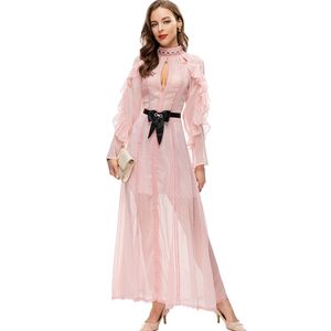 Women's Runway Dresses Stand Collar Hollow Out Ruffles Long Sleeves Sexy Keyhole Fashion Designer Vestidos